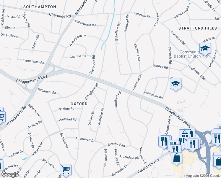 map of restaurants, bars, coffee shops, grocery stores, and more near 3240 Stratford Road in Richmond