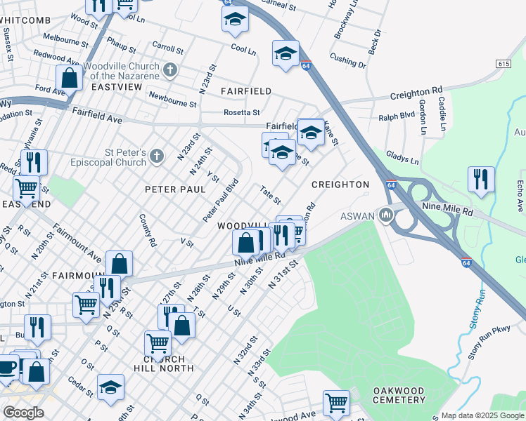 map of restaurants, bars, coffee shops, grocery stores, and more near 1803 1/2 North 28th Street in Richmond