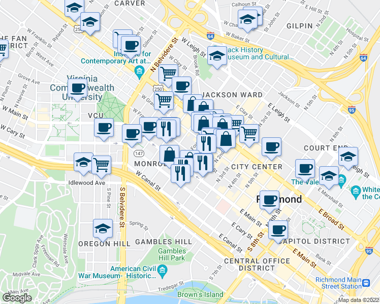 map of restaurants, bars, coffee shops, grocery stores, and more near W Franklin St & E Franklin St in Richmond