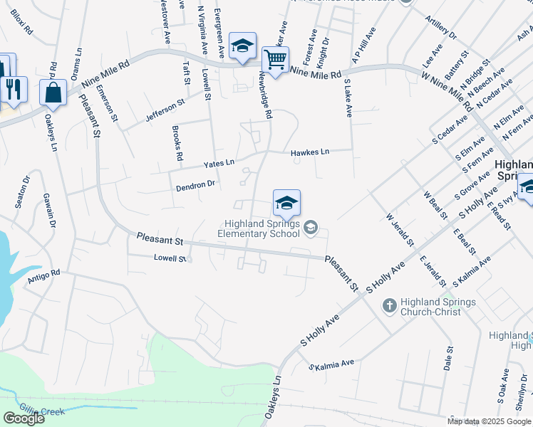map of restaurants, bars, coffee shops, grocery stores, and more near 414 Acreview Drive in Henrico