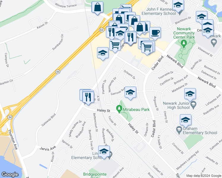 map of restaurants, bars, coffee shops, grocery stores, and more near in Newark