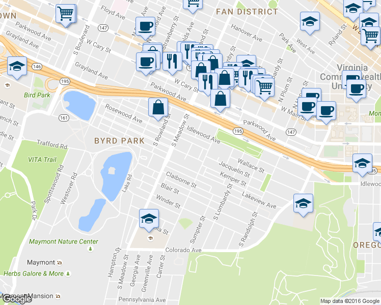map of restaurants, bars, coffee shops, grocery stores, and more near 1812 Maplewood Avenue in Richmond