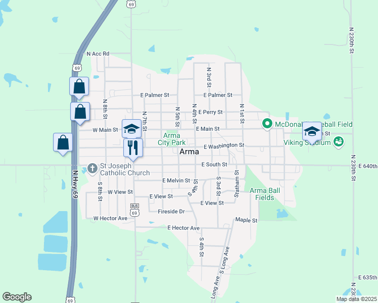 map of restaurants, bars, coffee shops, grocery stores, and more near in Arma