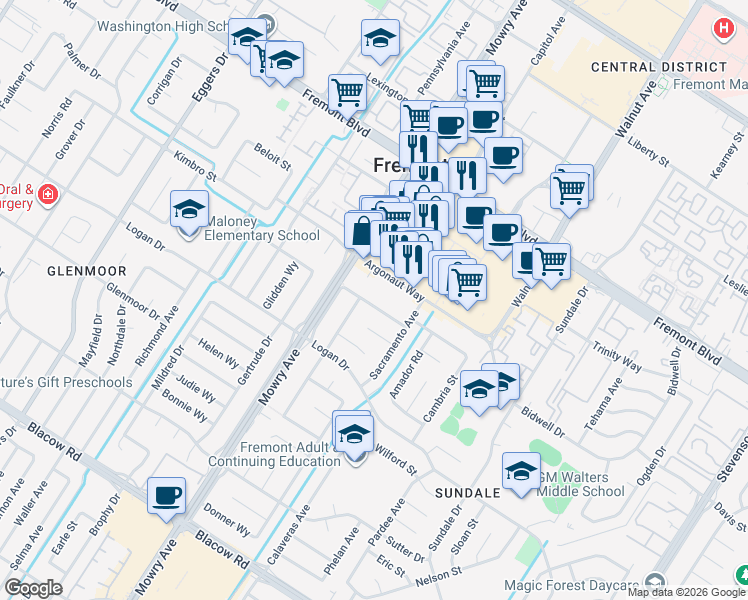 map of restaurants, bars, coffee shops, grocery stores, and more near 39090 Presidio Way in Fremont