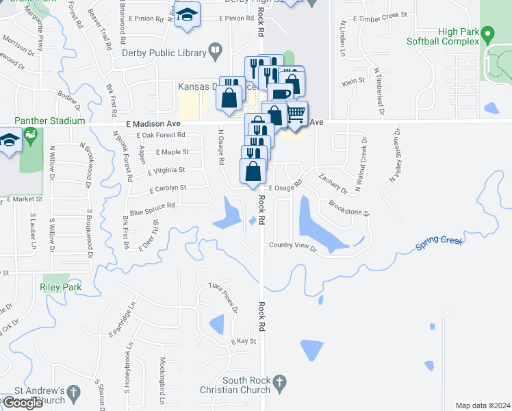 map of restaurants, bars, coffee shops, grocery stores, and more near 101 South Rock Road in Derby