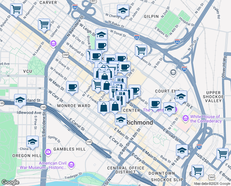 map of restaurants, bars, coffee shops, grocery stores, and more near East Broad Street & North 3rd Street in Richmond