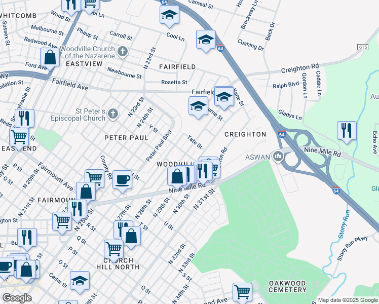 map of restaurants, bars, coffee shops, grocery stores, and more near 1803 1/2 North 28th Street in Richmond