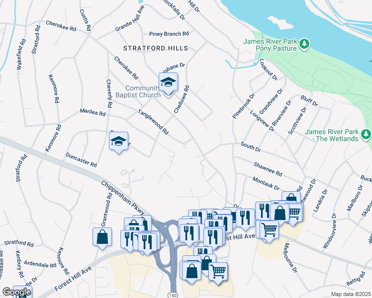map of restaurants, bars, coffee shops, grocery stores, and more near 7409 Tanglewood Road in Richmond