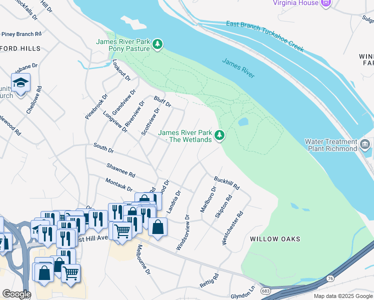 map of restaurants, bars, coffee shops, grocery stores, and more near 3333 Blithewood Drive in Richmond