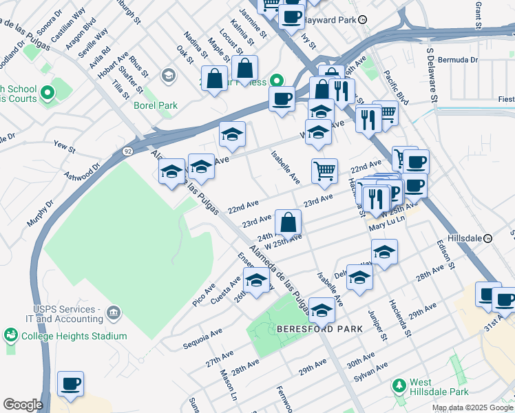 map of restaurants, bars, coffee shops, grocery stores, and more near 467 22nd Avenue in San Mateo