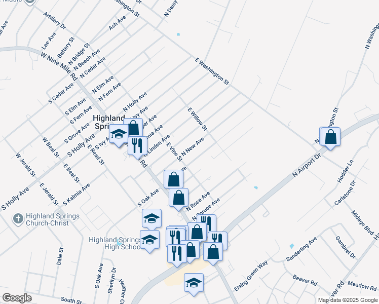 map of restaurants, bars, coffee shops, grocery stores, and more near 111 North New Avenue in Highland Springs