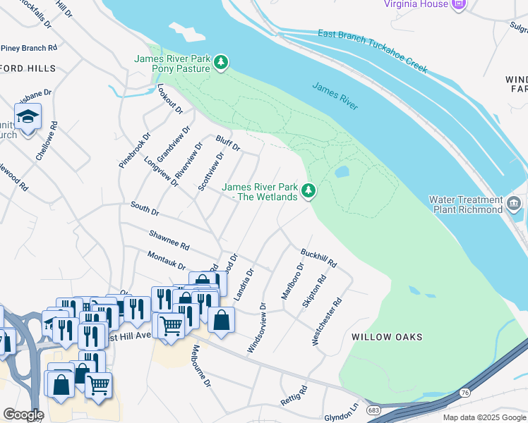 map of restaurants, bars, coffee shops, grocery stores, and more near 3333 Blithewood Drive in Richmond