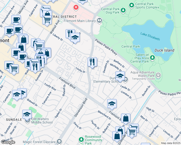 map of restaurants, bars, coffee shops, grocery stores, and more near 39939 Stevenson Common in Fremont
