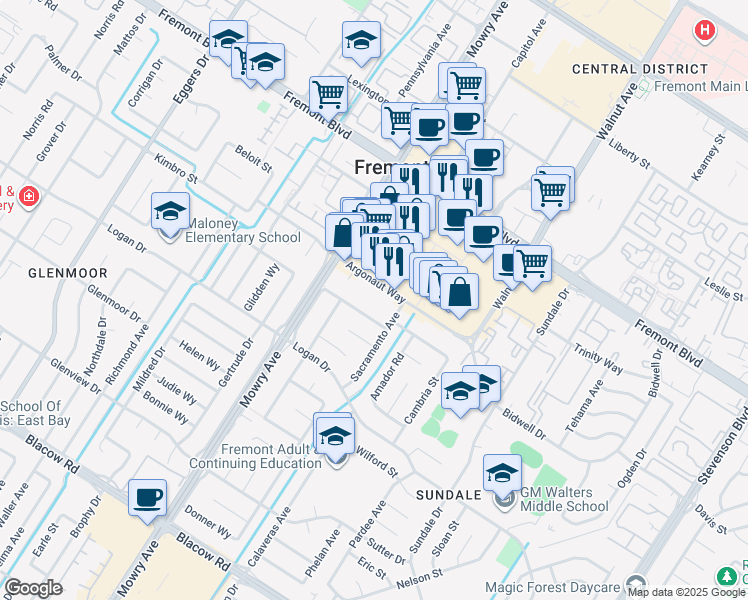 map of restaurants, bars, coffee shops, grocery stores, and more near 39090 Presidio Way in Fremont
