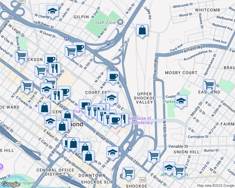 map of restaurants, bars, coffee shops, grocery stores, and more near Turpin Street in Richmond