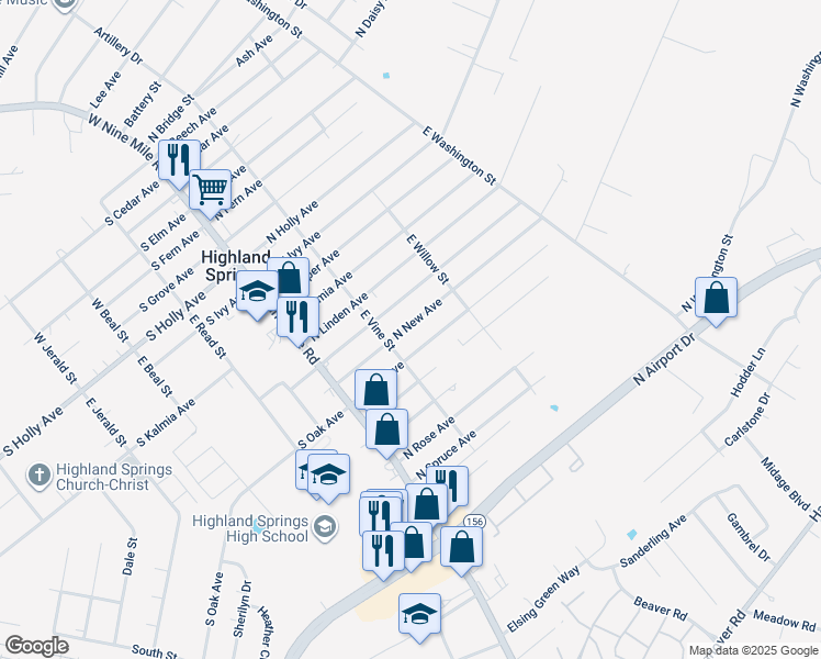 map of restaurants, bars, coffee shops, grocery stores, and more near 111 North New Avenue in Highland Springs
