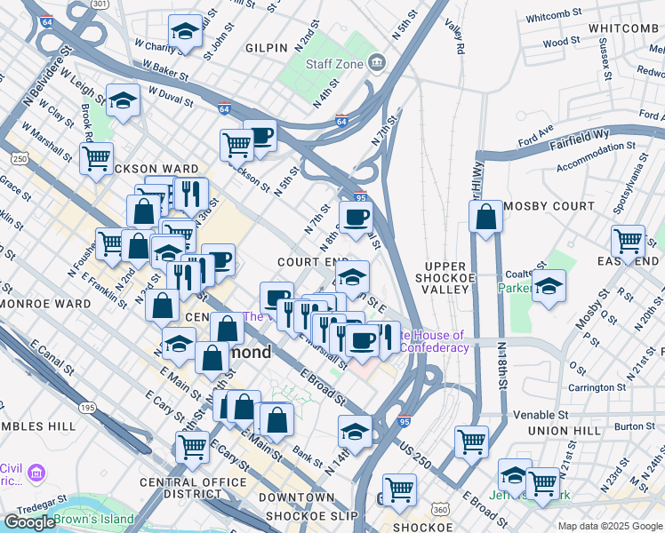 map of restaurants, bars, coffee shops, grocery stores, and more near 808 East Clay Street in Richmond