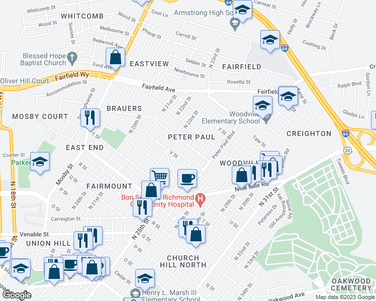 map of restaurants, bars, coffee shops, grocery stores, and more near 1613 North 24th Street in Richmond