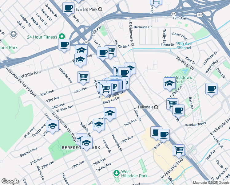 map of restaurants, bars, coffee shops, grocery stores, and more near 105 Mary Lu Lane in San Mateo