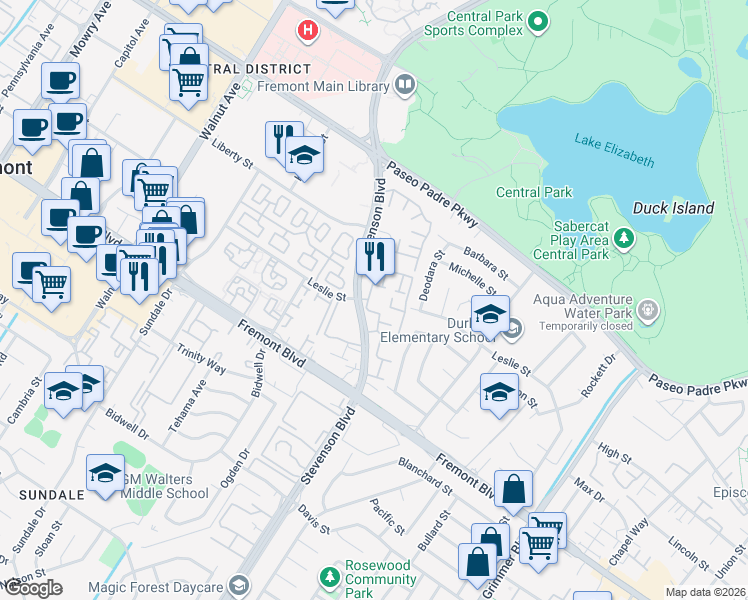 map of restaurants, bars, coffee shops, grocery stores, and more near in Fremont