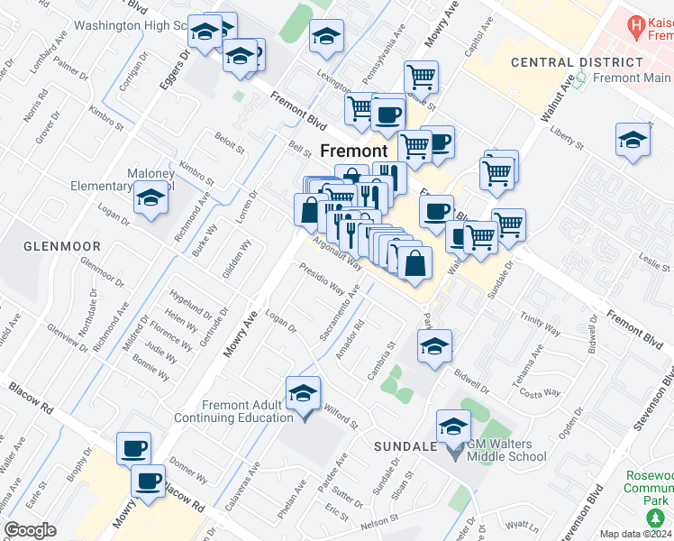 map of restaurants, bars, coffee shops, grocery stores, and more near 222 Presidio Way in Fremont