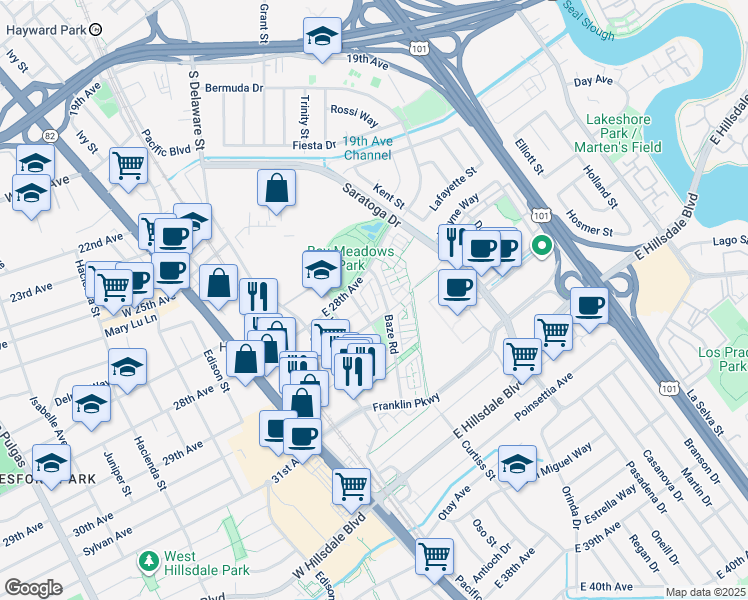 map of restaurants, bars, coffee shops, grocery stores, and more near 2852 Paddock Way in San Mateo