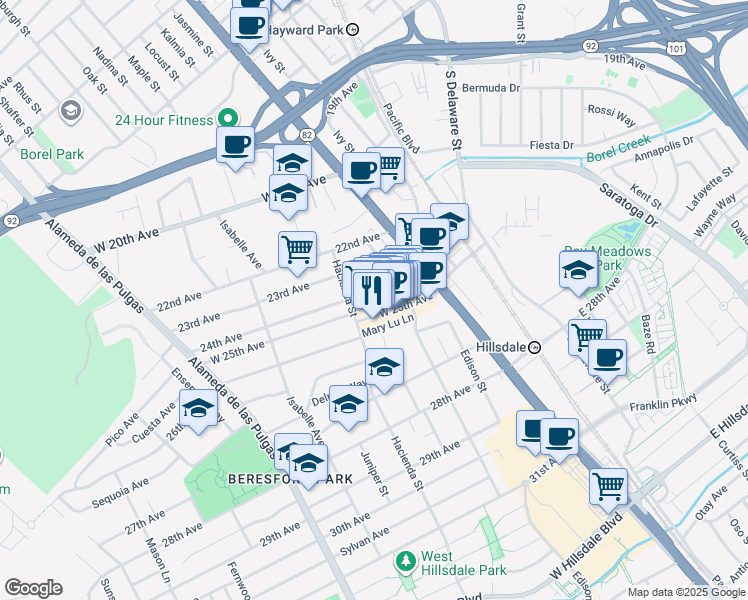 map of restaurants, bars, coffee shops, grocery stores, and more near 168 West 25th Avenue in San Mateo