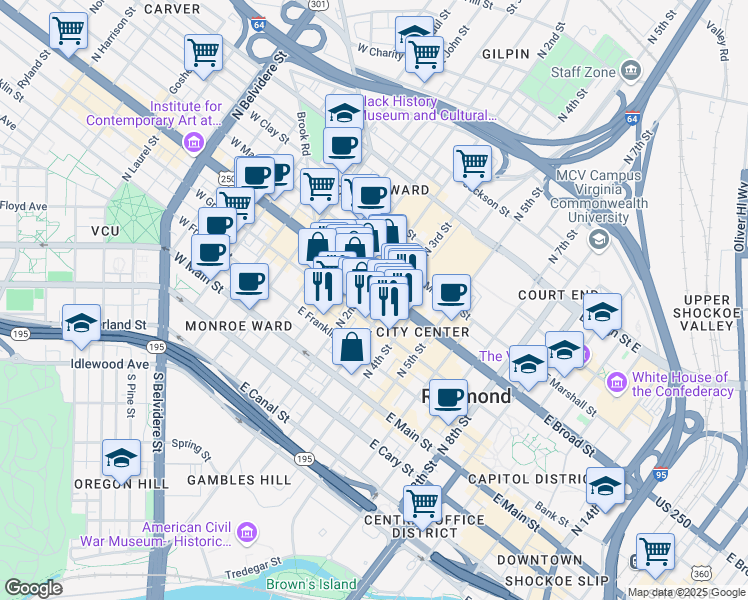 map of restaurants, bars, coffee shops, grocery stores, and more near 210 East Grace Street in Richmond