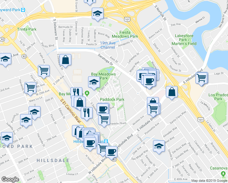 map of restaurants, bars, coffee shops, grocery stores, and more near 2893 Baze Road in San Mateo