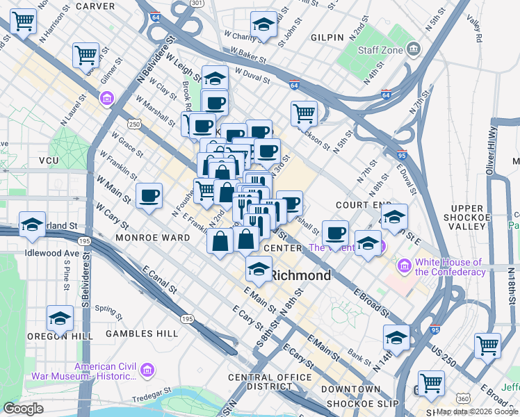 map of restaurants, bars, coffee shops, grocery stores, and more near in Richmond