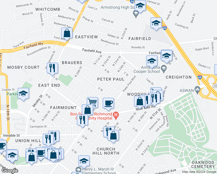 map of restaurants, bars, coffee shops, grocery stores, and more near 1613 North 24th Street in Richmond
