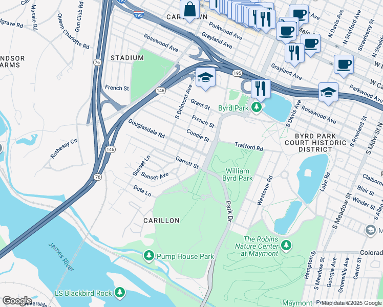 map of restaurants, bars, coffee shops, grocery stores, and more near 3001 Douglasdale Road in Richmond