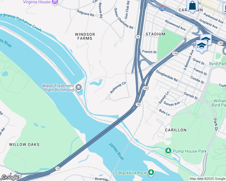 map of restaurants, bars, coffee shops, grocery stores, and more near Rothesay Circle in Richmond