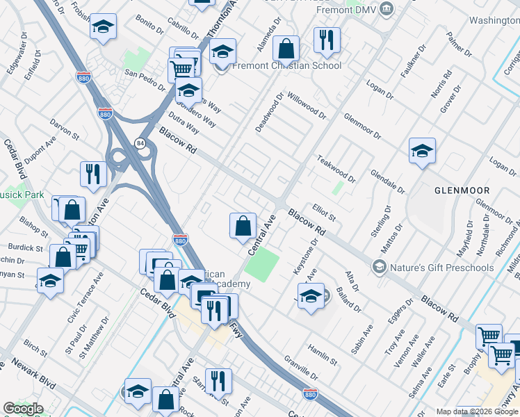 map of restaurants, bars, coffee shops, grocery stores, and more near 37600 Summer Holly Common in Fremont