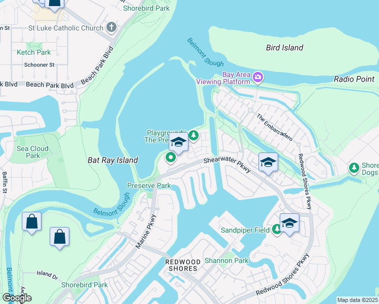map of restaurants, bars, coffee shops, grocery stores, and more near 31 Bremerton Circle in Redwood City