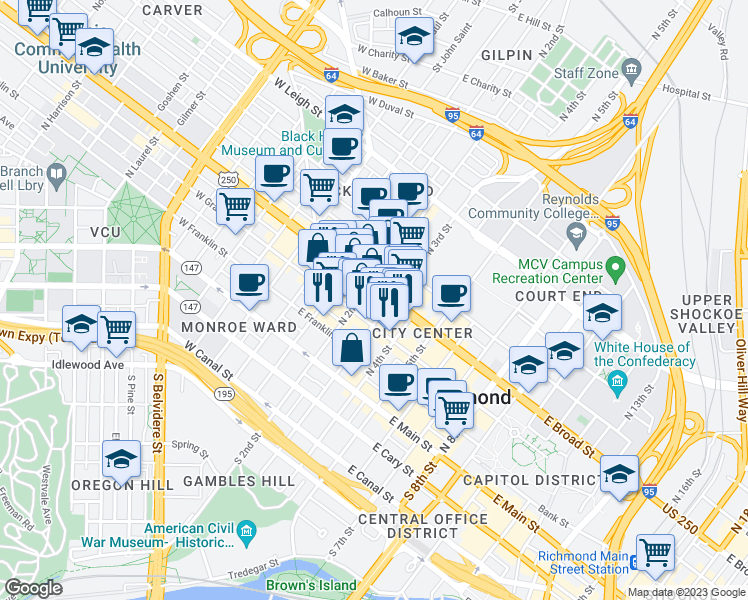 map of restaurants, bars, coffee shops, grocery stores, and more near 210 East Grace Street in Richmond