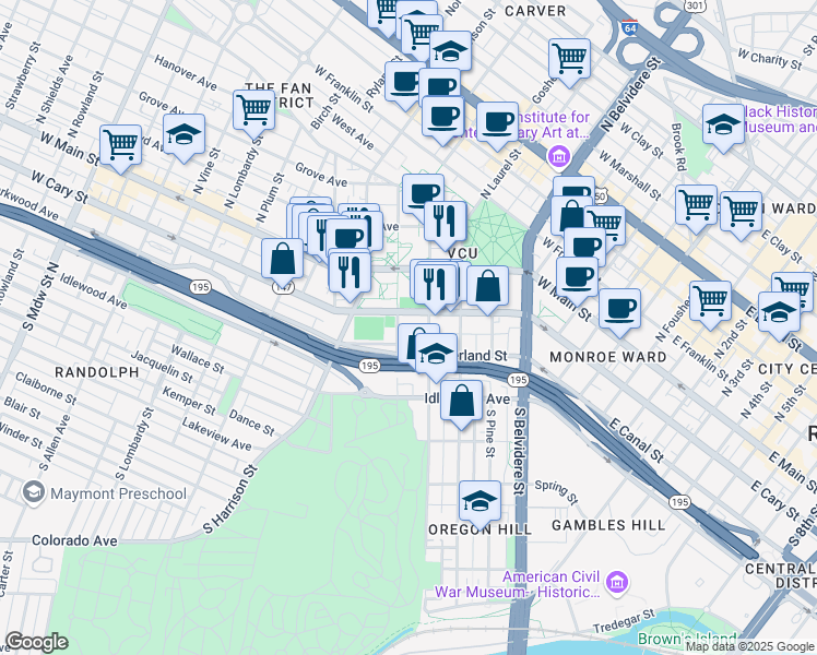 map of restaurants, bars, coffee shops, grocery stores, and more near 911 West Cary Street in Richmond