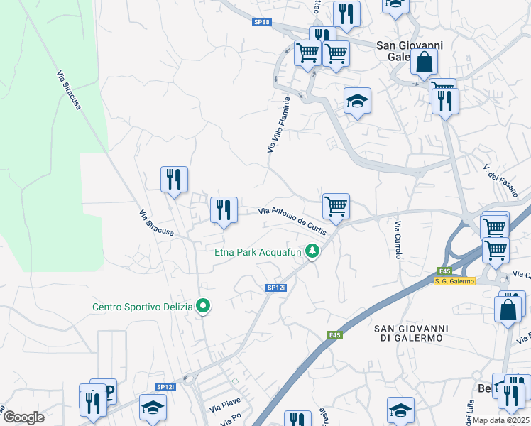 map of restaurants, bars, coffee shops, grocery stores, and more near 32A Via Anna Magnani in Misterbianco