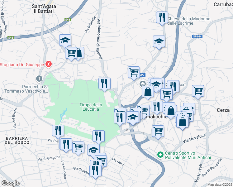 map of restaurants, bars, coffee shops, grocery stores, and more near 209 Via Pietra dell'Ova in Catania