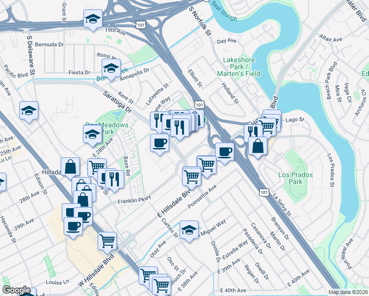 map of restaurants, bars, coffee shops, grocery stores, and more near 910 Franklin Parkway in San Mateo