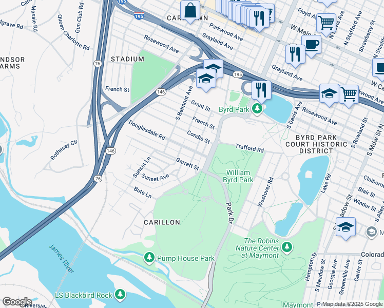 map of restaurants, bars, coffee shops, grocery stores, and more near 3001 Douglasdale Road in Richmond