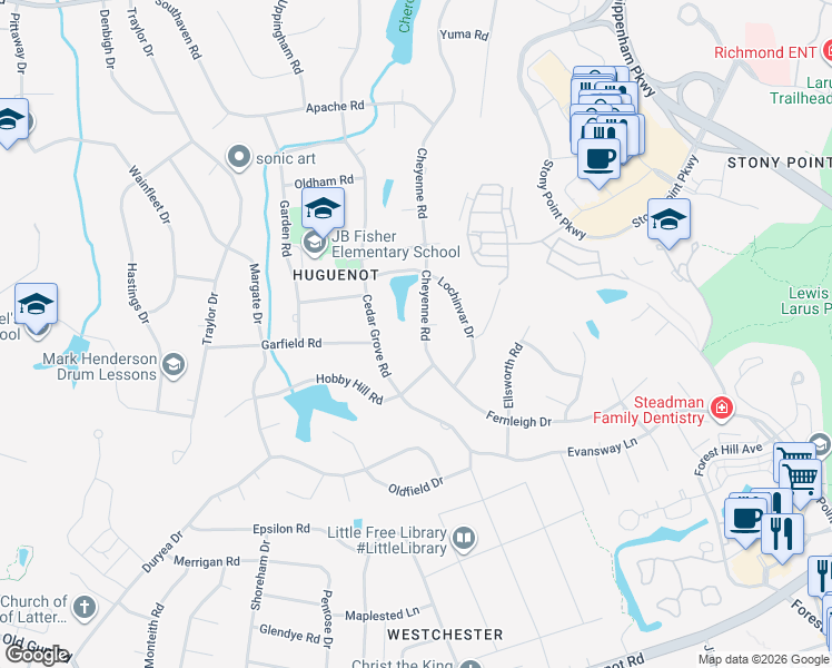 map of restaurants, bars, coffee shops, grocery stores, and more near 3408 Cheyenne Road in Richmond