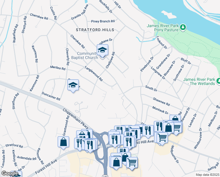 map of restaurants, bars, coffee shops, grocery stores, and more near 7419 Tanglewood Road in Richmond