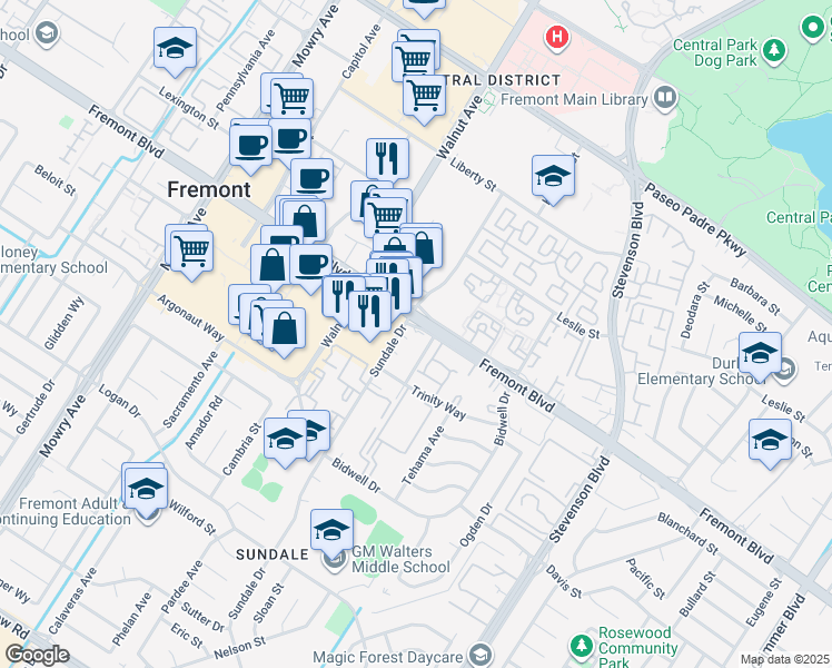 map of restaurants, bars, coffee shops, grocery stores, and more near 4033 San Francisco Terrace in Fremont