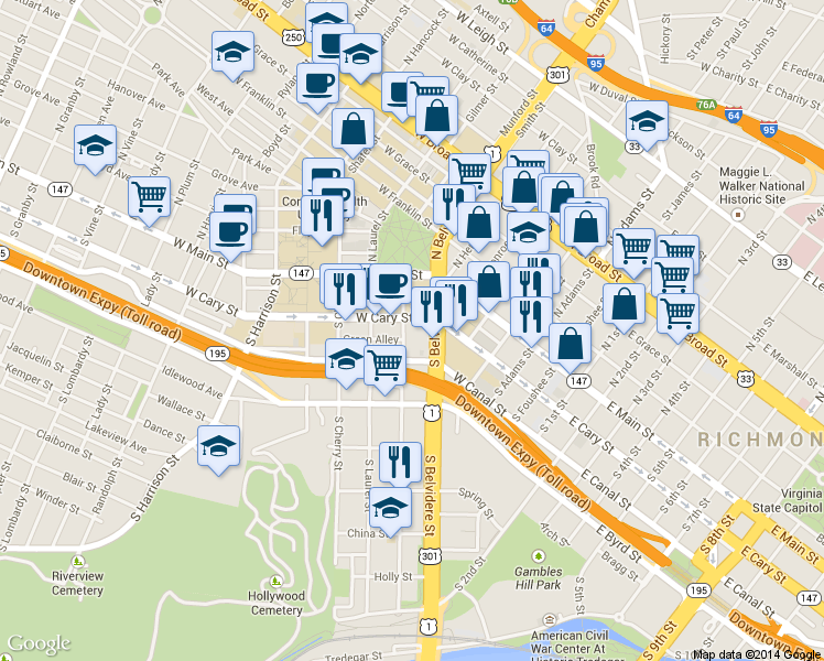 map of restaurants, bars, coffee shops, grocery stores, and more near 124 South Belvidere Street in Richmond