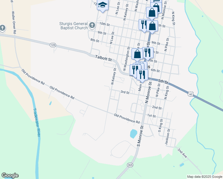 map of restaurants, bars, coffee shops, grocery stores, and more near 204-218 North Kelsey Street in Sturgis