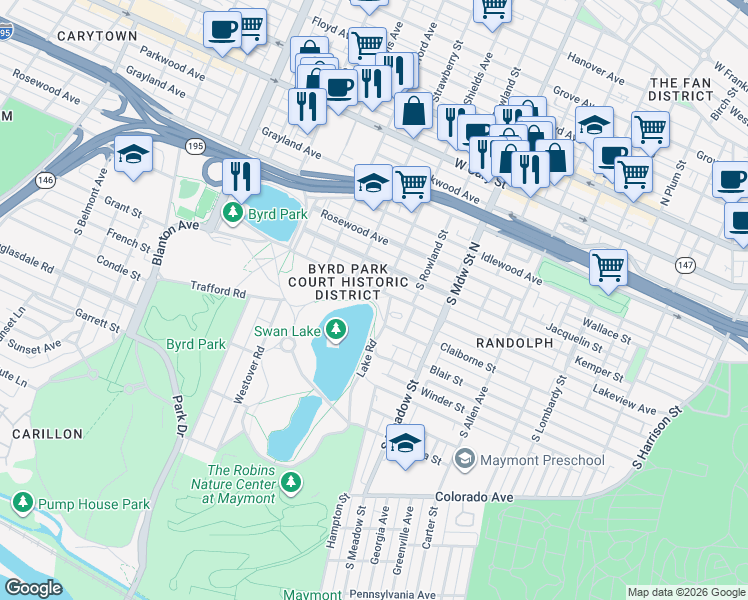 map of restaurants, bars, coffee shops, grocery stores, and more near Swan Lake Drive in Richmond