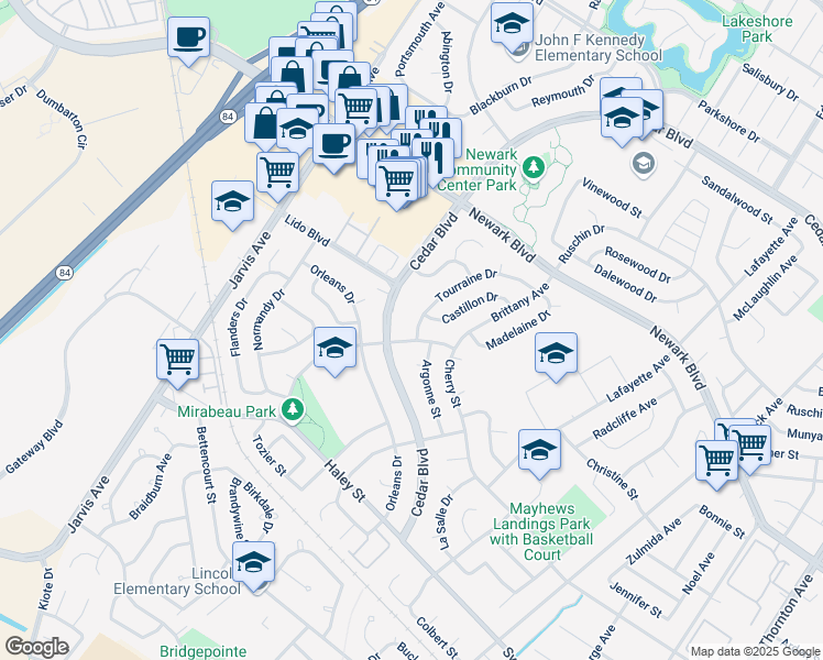 map of restaurants, bars, coffee shops, grocery stores, and more near 35803 Argonne Street in Newark
