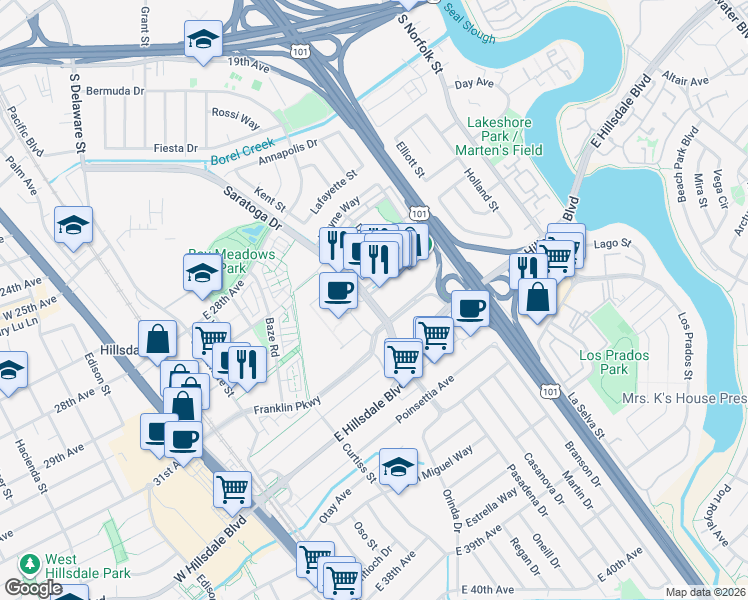 map of restaurants, bars, coffee shops, grocery stores, and more near 1000 Park Place in San Mateo