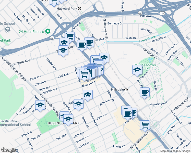 map of restaurants, bars, coffee shops, grocery stores, and more near 105 Mary Lu Lane in San Mateo